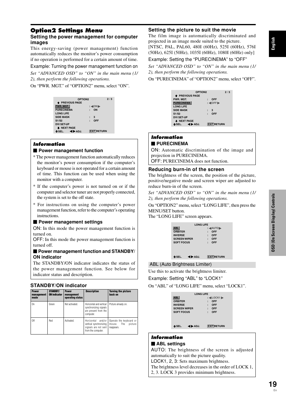 Option2 settings menu, Setting the power management for computer images, Standby/on indicator | Setting the picture to suit the movie, Reducing burn-in of the screen, English osd (on screen display) controls | Pioneer PDP-42MVE1 User Manual | Page 24 / 259