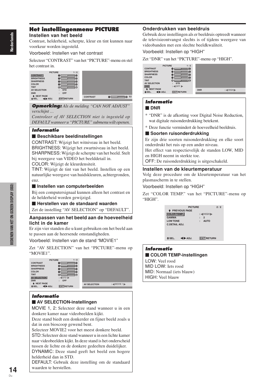 Het instellingenmenu picture, Instellen van het beeld, Onderdrukken van beeldruis | Instellen van de kleurtemperatuur | Pioneer PDP-42MVE1 User Manual | Page 240 / 259