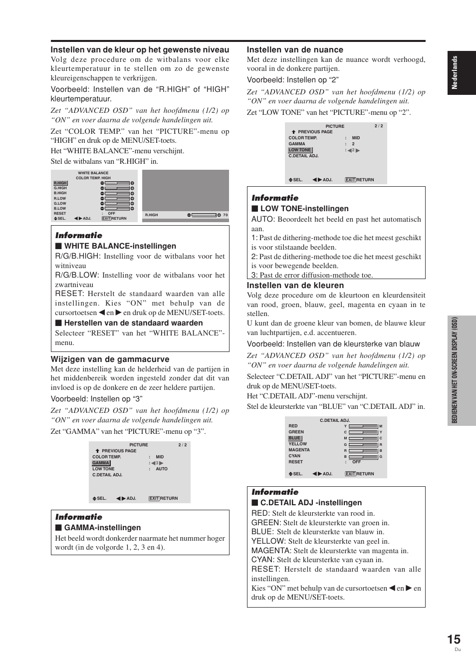 Instellen van de kleur op het gewenste niveau, Wijzigen van de gammacurve, Instellen van de nuance | Instellen van de kleuren, En druk op de menu/set-toets | Pioneer PDP-42MVE1 User Manual | Page 241 / 259