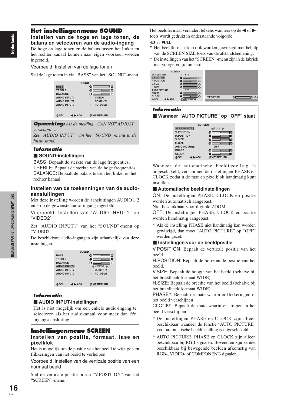 Het instellingenmenu sound, Instellingenmenu screen, Instellen van positie, formaat, fase en pixelklok | Toets wordt gedrukt in onderstaande volgorde, Informatie Ⅵ wanneer “auto picture” op “off” staat | Pioneer PDP-42MVE1 User Manual | Page 242 / 259