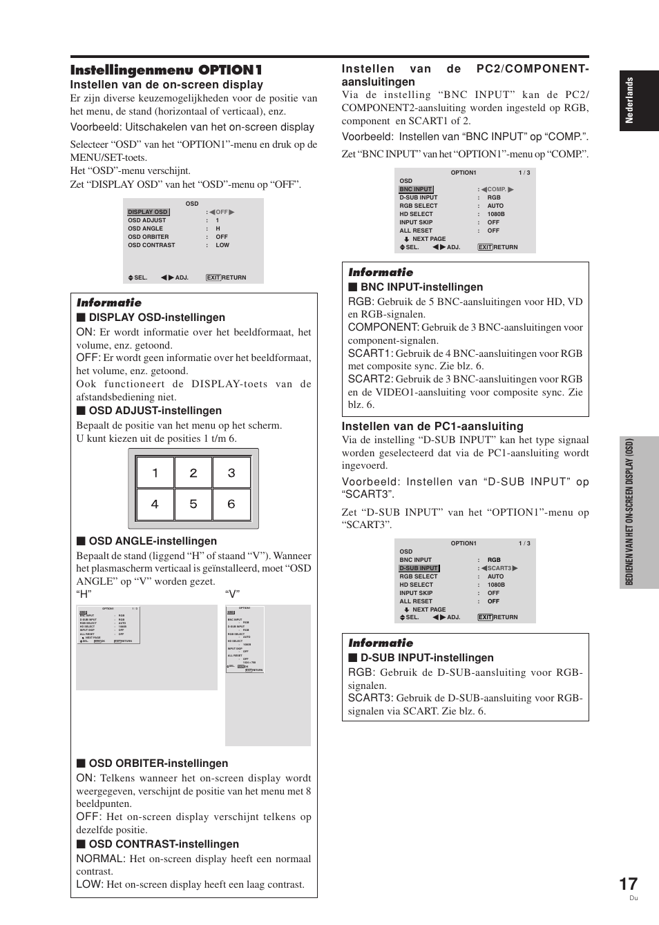 Instellingenmenu option1, Instellen van de on-screen display, Instellen van de pc2/component- aansluitingen | Instellen van de pc1-aansluiting | Pioneer PDP-42MVE1 User Manual | Page 243 / 259