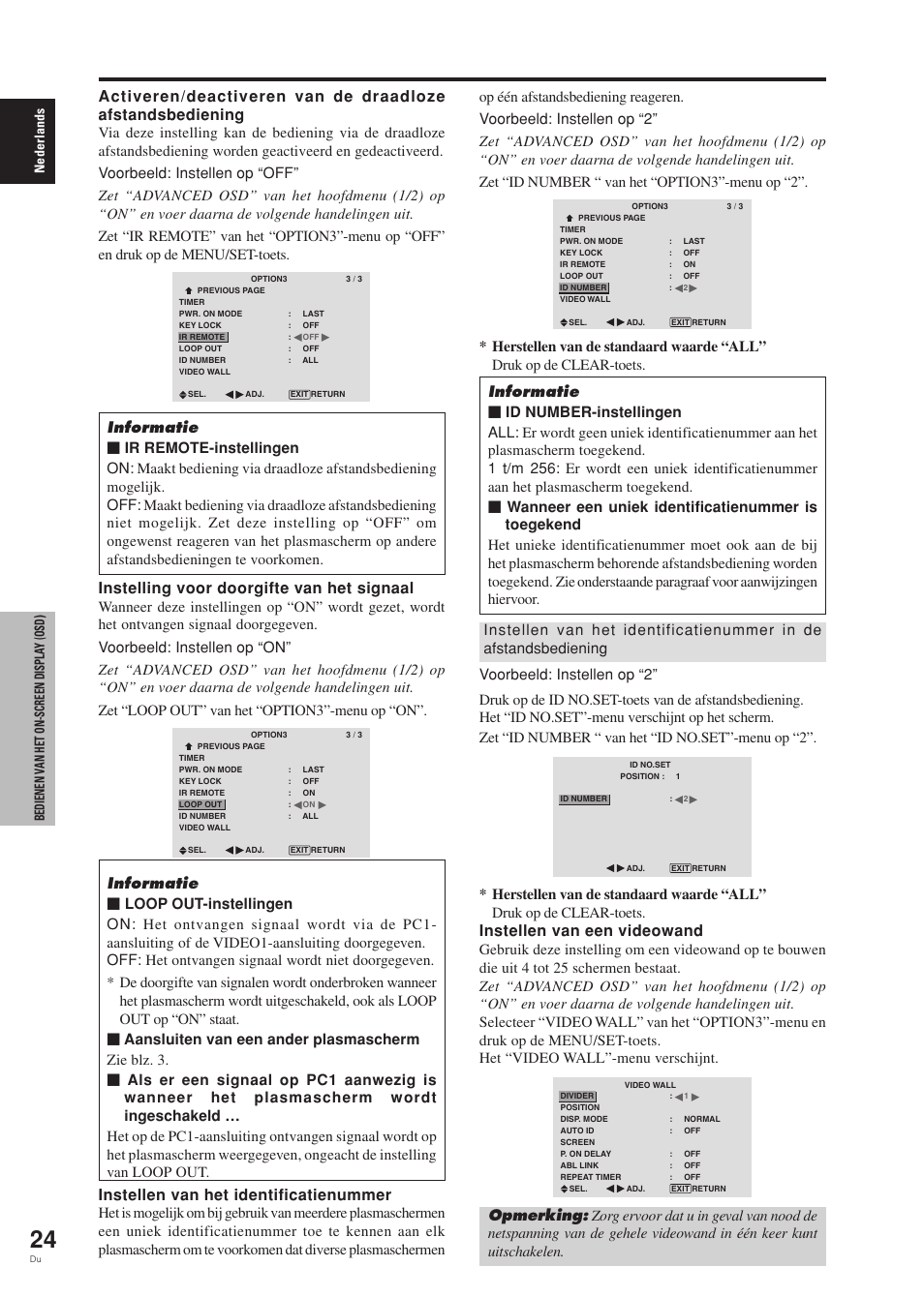 Instelling voor doorgifte van het signaal, Instellen van het identificatienummer, Instellen van een videowand | Pioneer PDP-42MVE1 User Manual | Page 250 / 259