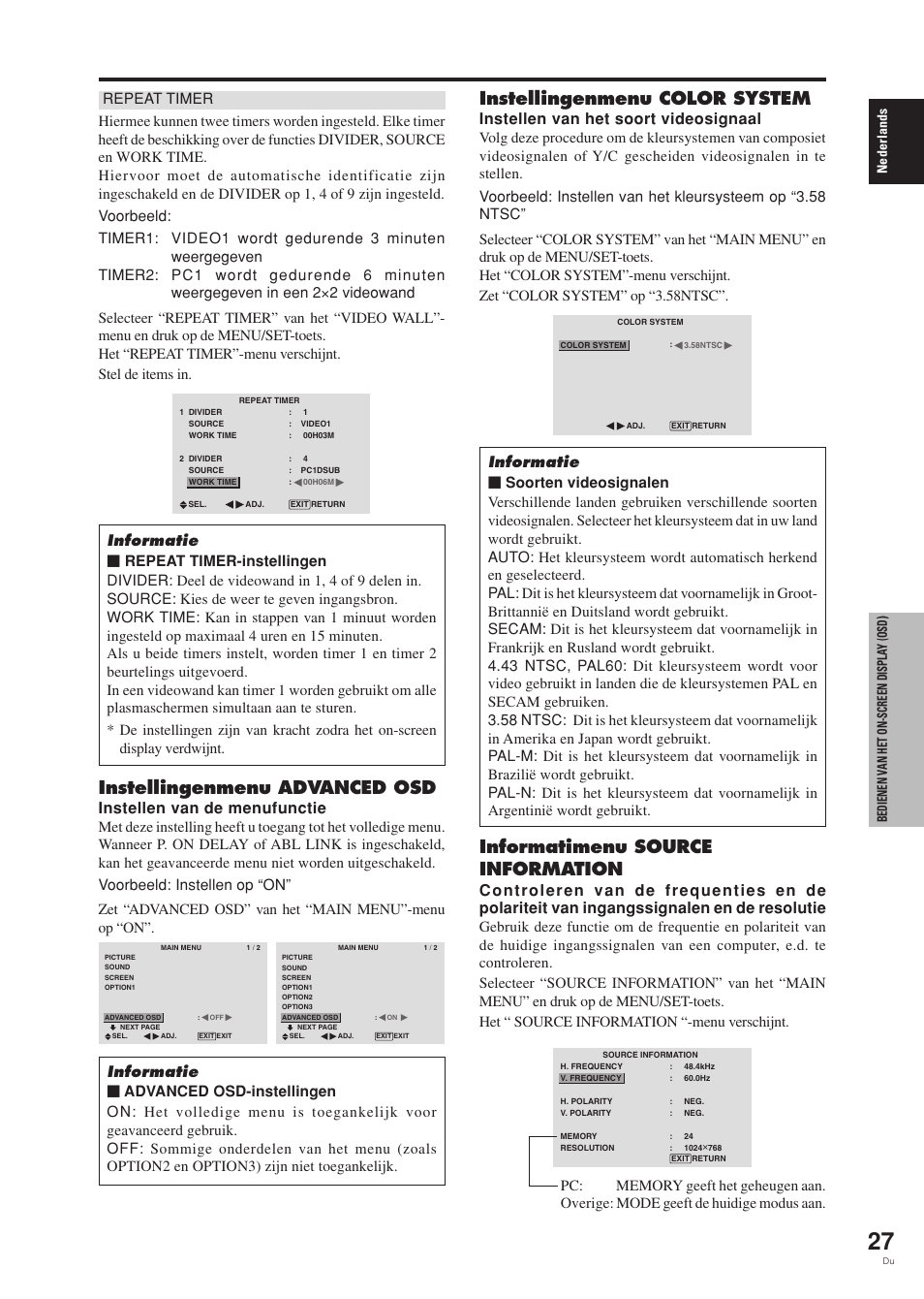 Instellingenmenu advanced osd, Instellingenmenu color system, Informatimenu source information | Instellen van de menufunctie, Instellen van het soort videosignaal | Pioneer PDP-42MVE1 User Manual | Page 253 / 259