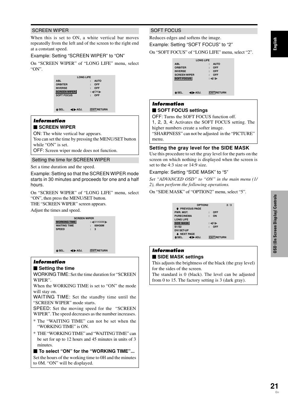 Setting the gray level for the side mask, English osd (on screen display) controls | Pioneer PDP-42MVE1 User Manual | Page 26 / 259