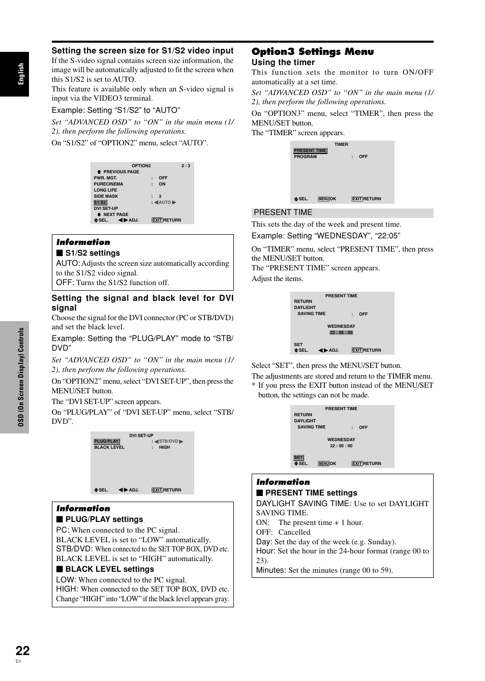 Option3 settings menu, Setting the screen size for s1/s2 video input, Setting the signal and black level for dvi signal | Using the timer, English osd (on screen display) controls | Pioneer PDP-42MVE1 User Manual | Page 27 / 259