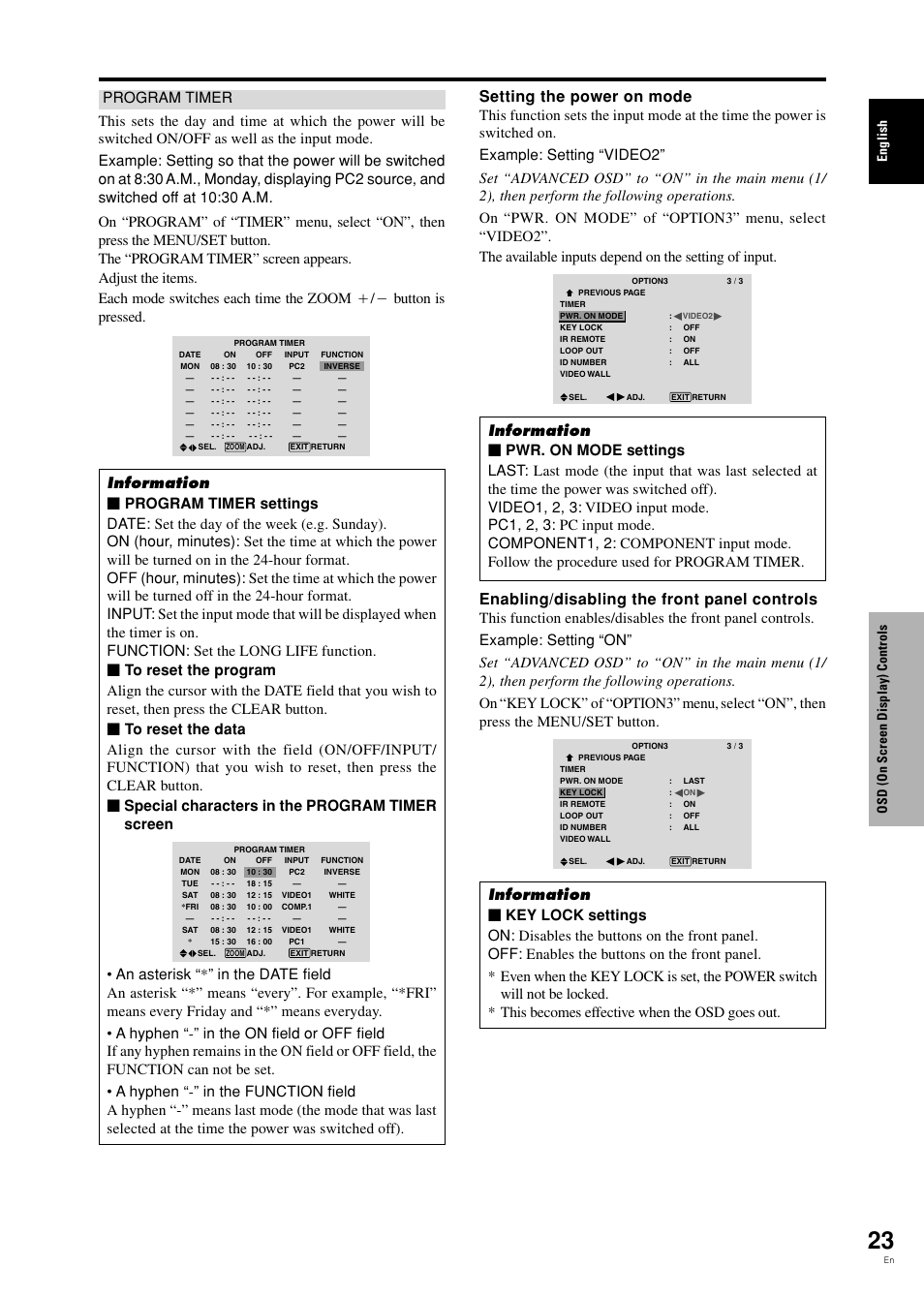 Setting the power on mode, Enabling/disabling the front panel controls, English osd (on screen display) controls | Pioneer PDP-42MVE1 User Manual | Page 28 / 259