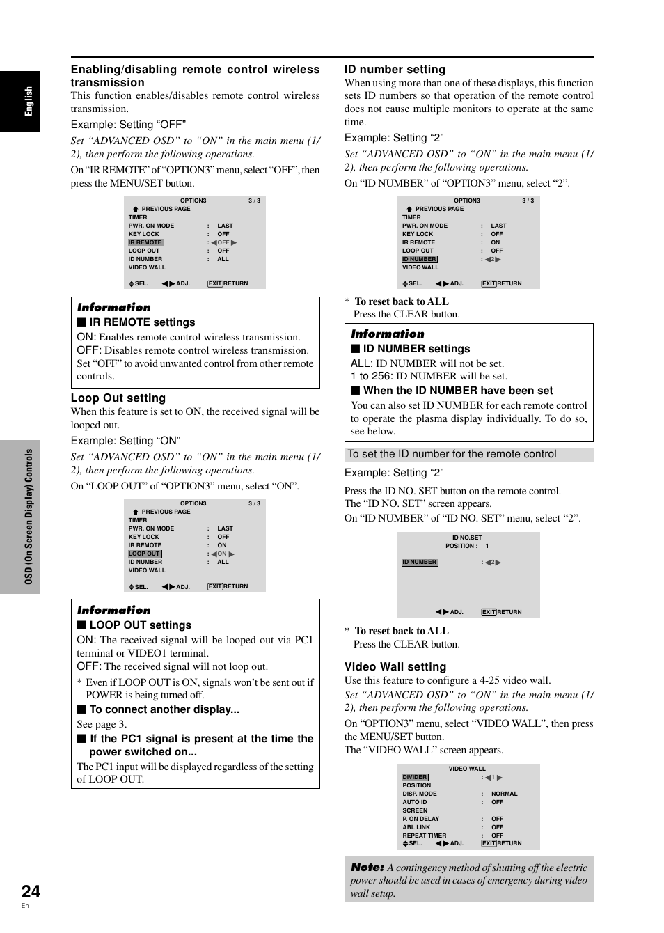 Loop out setting, Id number setting, Video wall setting | English osd (on screen display) controls | Pioneer PDP-42MVE1 User Manual | Page 29 / 259