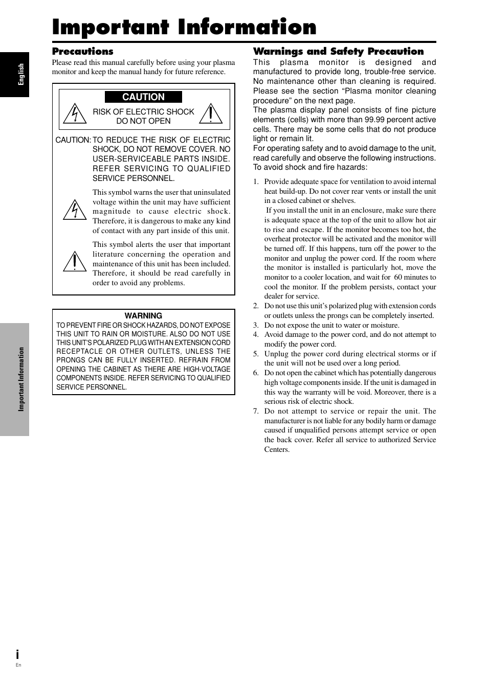 Important information | Pioneer PDP-42MVE1 User Manual | Page 3 / 259