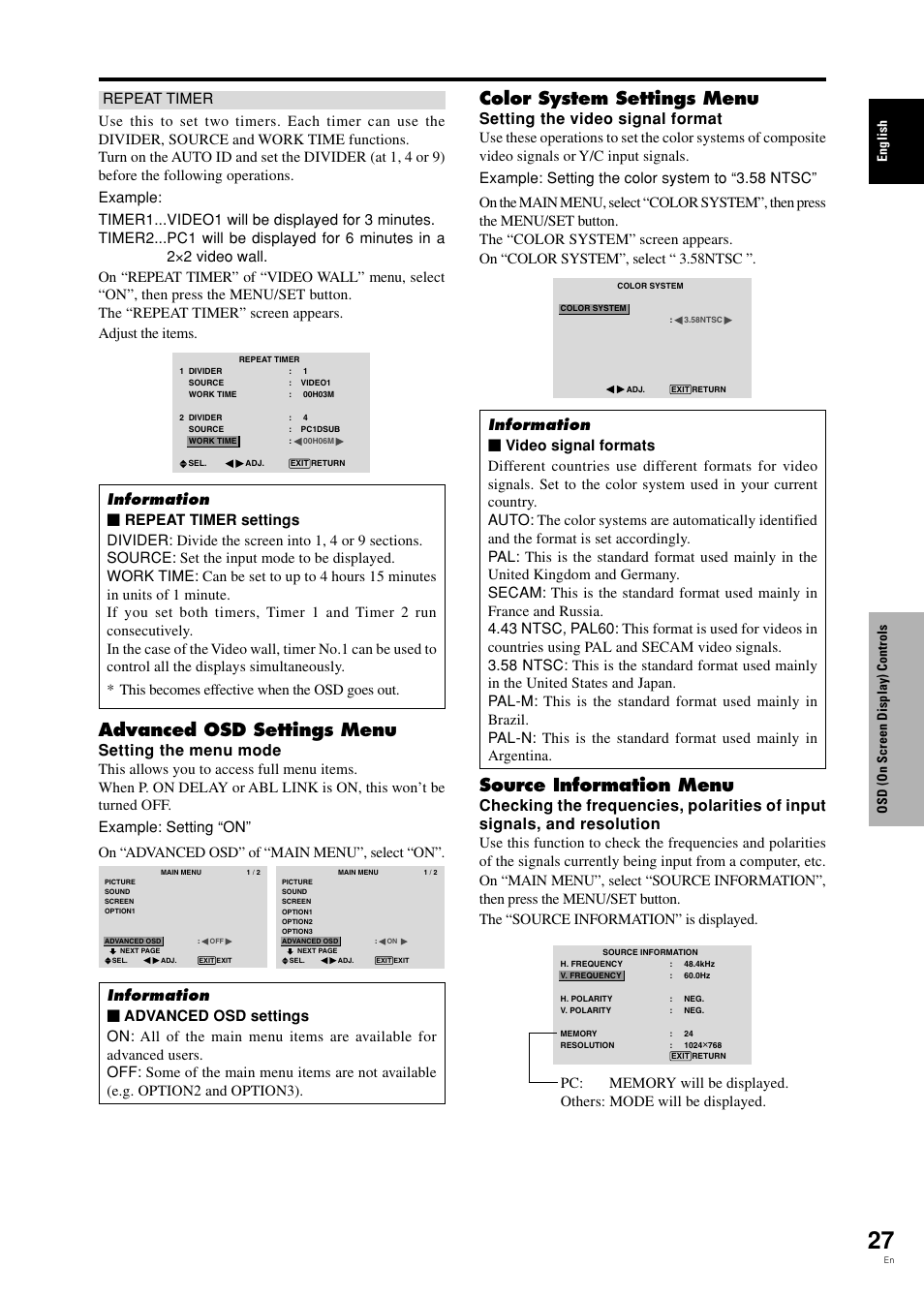 Advanced osd settings menu, Color system settings menu, Source information menu | Setting the menu mode, Setting the video signal format, English osd (on screen display) controls | Pioneer PDP-42MVE1 User Manual | Page 32 / 259