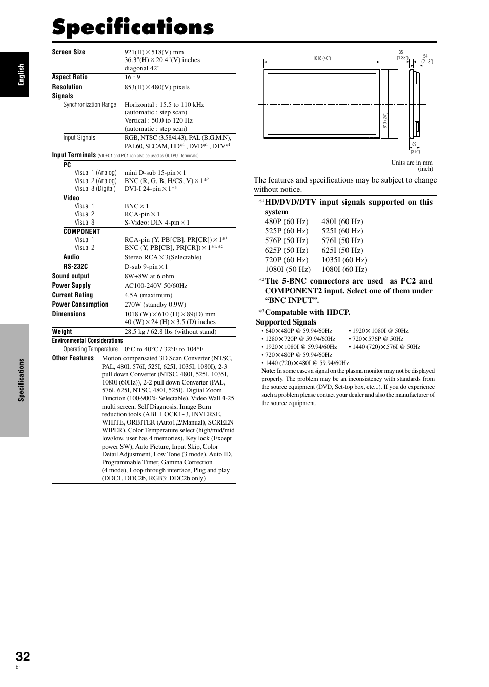 Specifications | Pioneer PDP-42MVE1 User Manual | Page 37 / 259