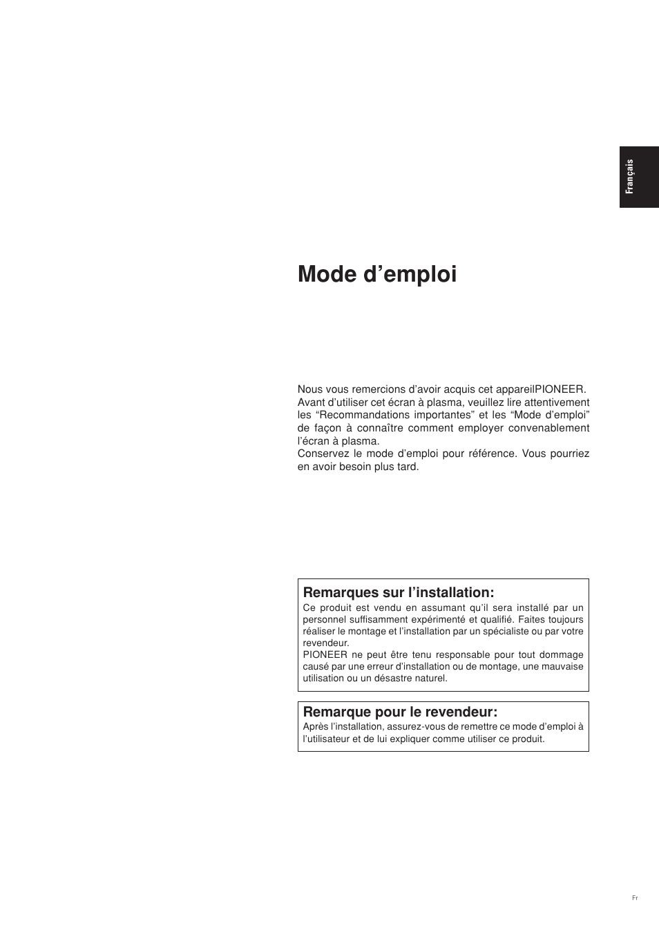 Mode d’emploi | Pioneer PDP-42MVE1 User Manual | Page 38 / 259