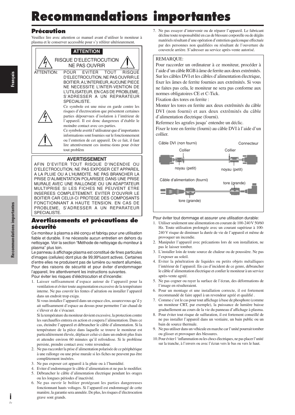 Recommandations importantes, Précaution, Avertissements et précautions de sécurité | Pioneer PDP-42MVE1 User Manual | Page 39 / 259