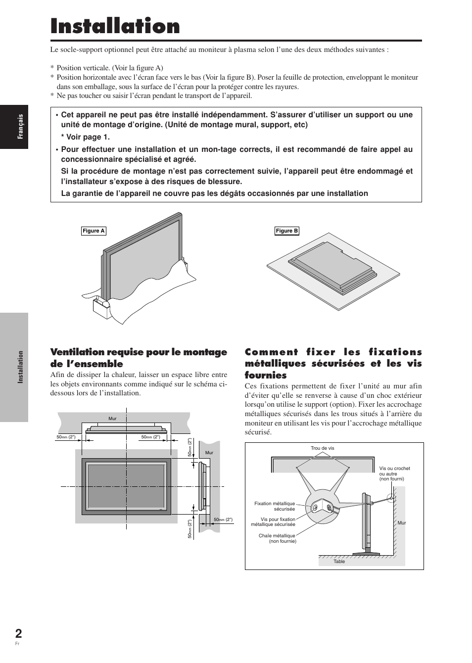 Installation, Ventilation requise pour le montage de l’ensemble | Pioneer PDP-42MVE1 User Manual | Page 43 / 259