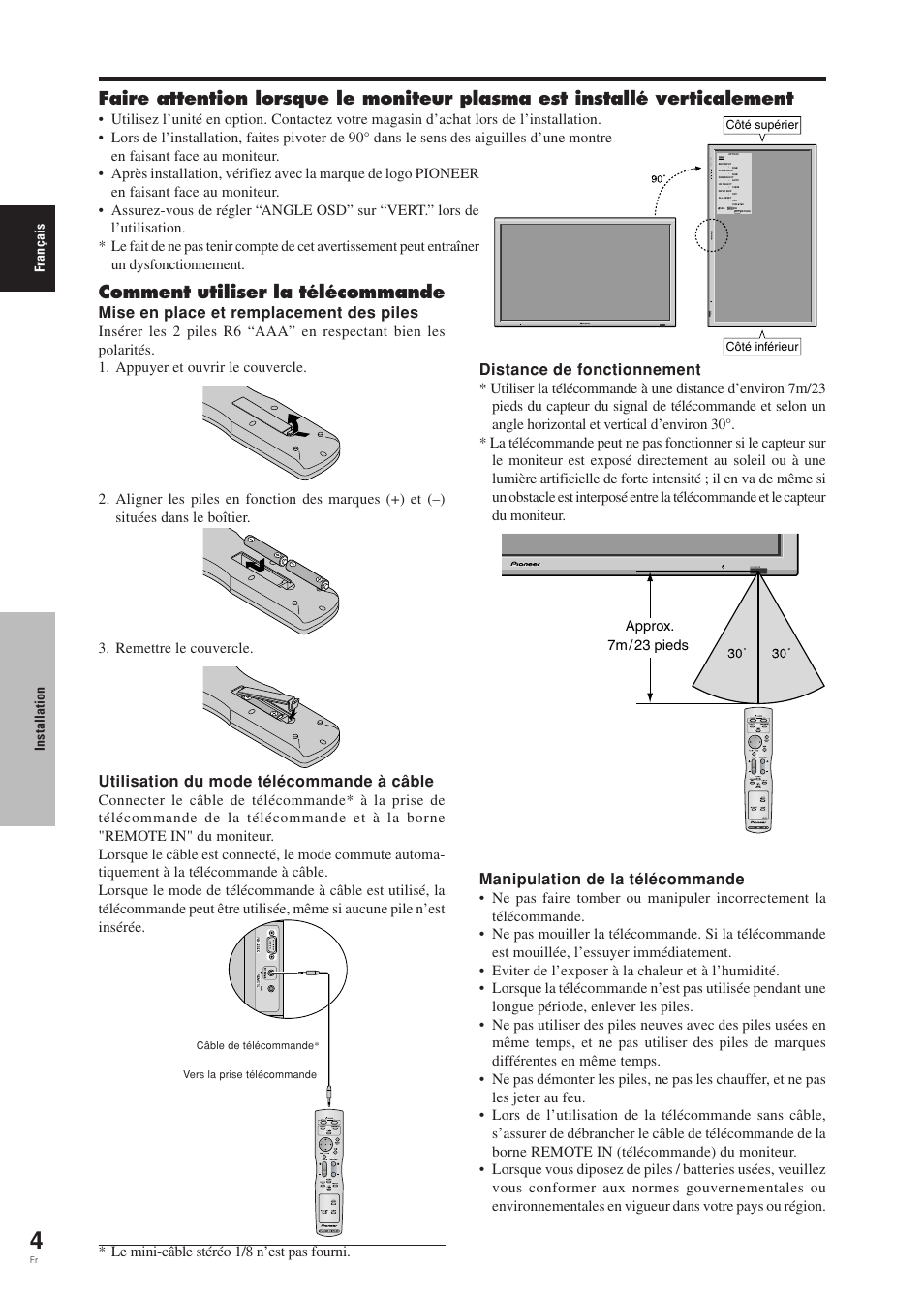 Comment utiliser la télécommande, Mise en place et remplacement des piles, Utilisation du mode télécommande à câble | Manipulation de la télécommande, Distance de fonctionnement | Pioneer PDP-42MVE1 User Manual | Page 45 / 259