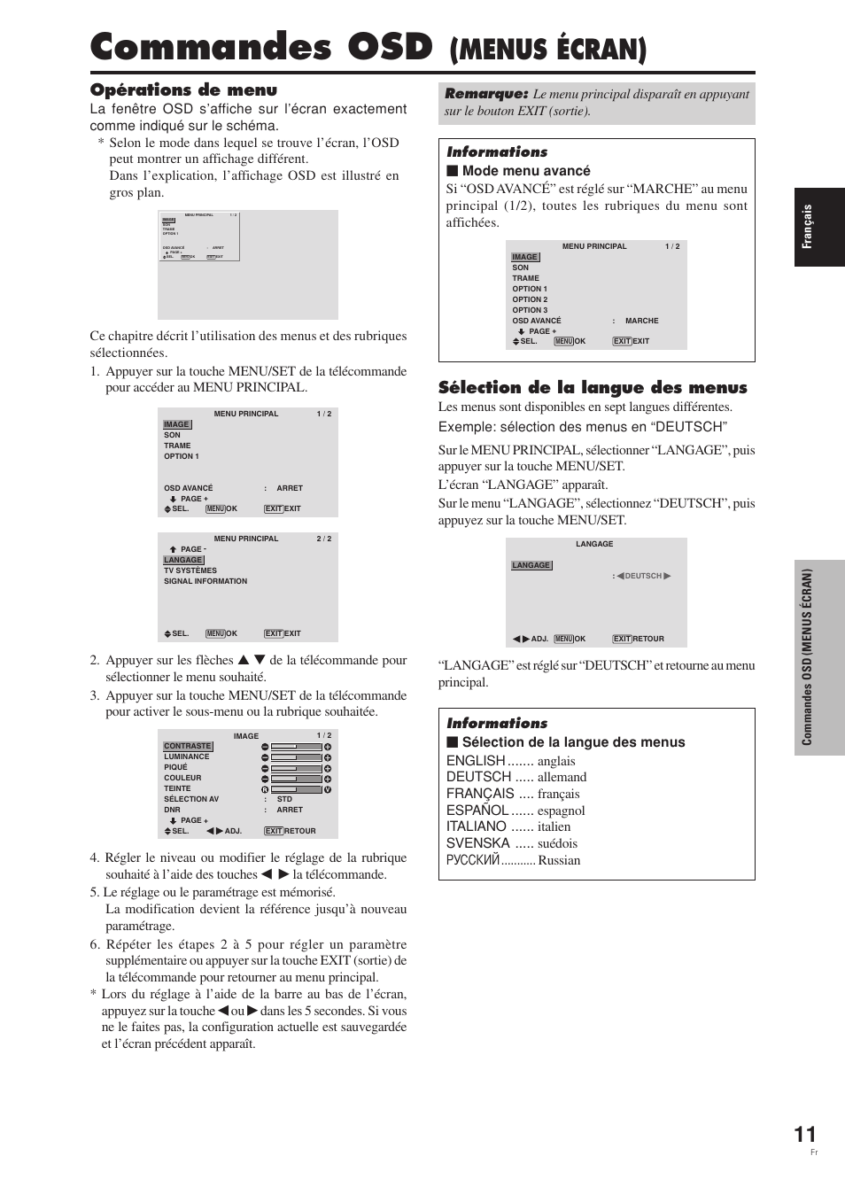 Commandes osd, Menus écran), Opérations de menu | Sélection de la langue des menus, Fran ç ais commandes osd (menus é cran) | Pioneer PDP-42MVE1 User Manual | Page 52 / 259