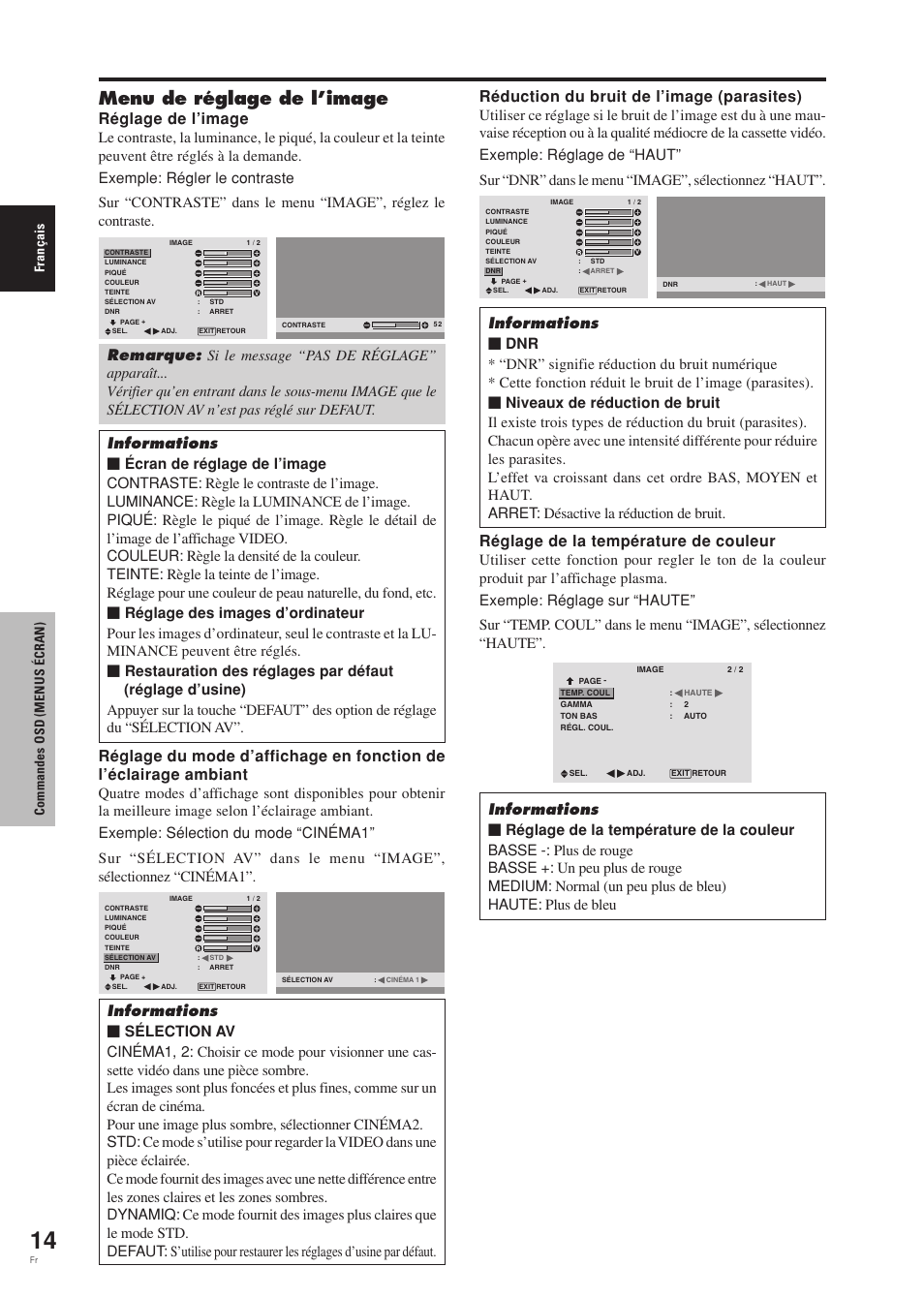 Menu de réglage de l’image, Réglage de l’image, Réduction du bruit de l’image (parasites) | Réglage de la température de couleur, Fran ç ais commandes osd (menus é cran) | Pioneer PDP-42MVE1 User Manual | Page 55 / 259