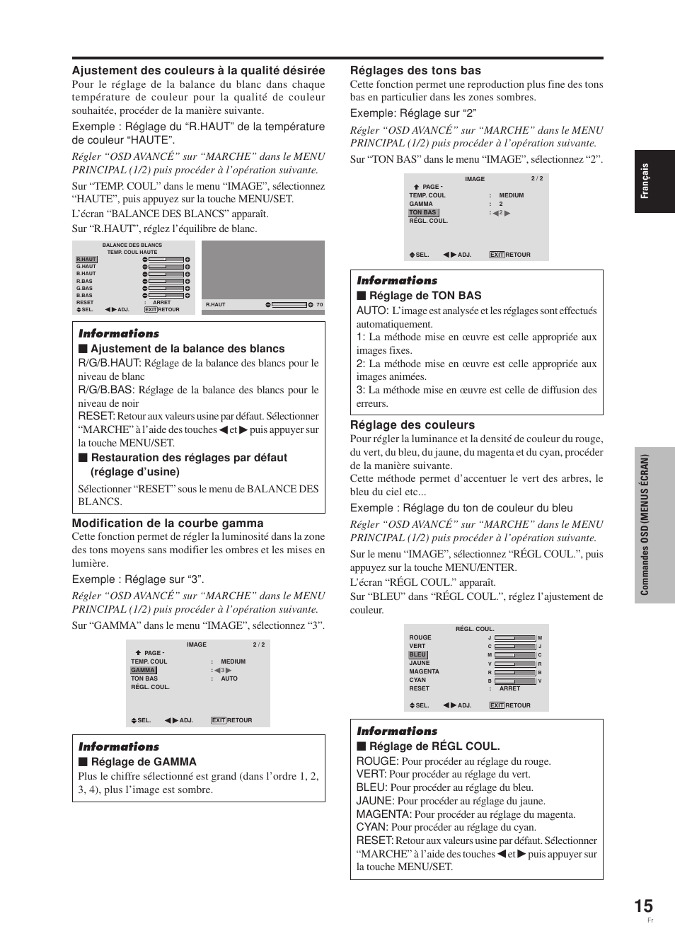 Ajustement des couleurs à la qualité désirée, Modification de la courbe gamma, Réglages des tons bas | Réglage des couleurs, Puis appuyer sur la touche menu/set, Fran ç ais commandes osd (menus é cran) | Pioneer PDP-42MVE1 User Manual | Page 56 / 259