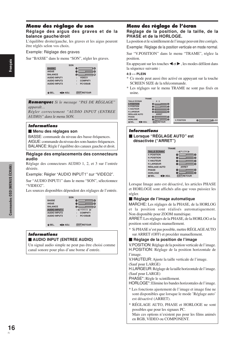 Menu des réglage du son, Menu des réglage de l’écran, Réglage des emplacements des connecteurs audio | Les modes défilent dans la séquence suivante | Pioneer PDP-42MVE1 User Manual | Page 57 / 259