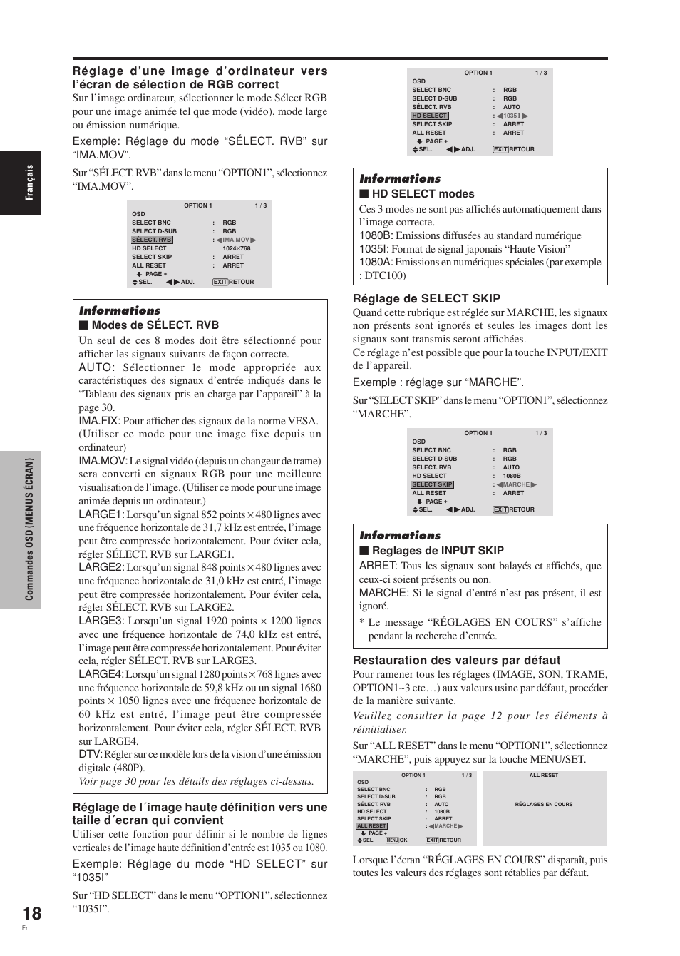 Réglage de select skip, Restauration des valeurs par défaut, Fran ç ais commandes osd (menus é cran) | Pioneer PDP-42MVE1 User Manual | Page 59 / 259