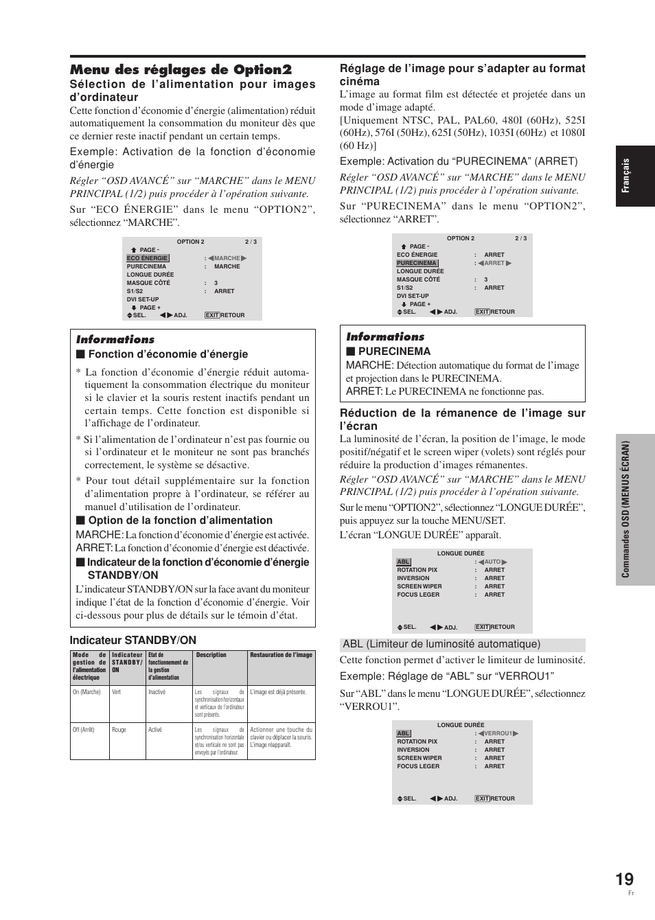 Menu des réglages de option2, Réduction de la rémanence de l’image sur l’écran, Fran ç ais commandes osd (menus é cran) | Pioneer PDP-42MVE1 User Manual | Page 60 / 259