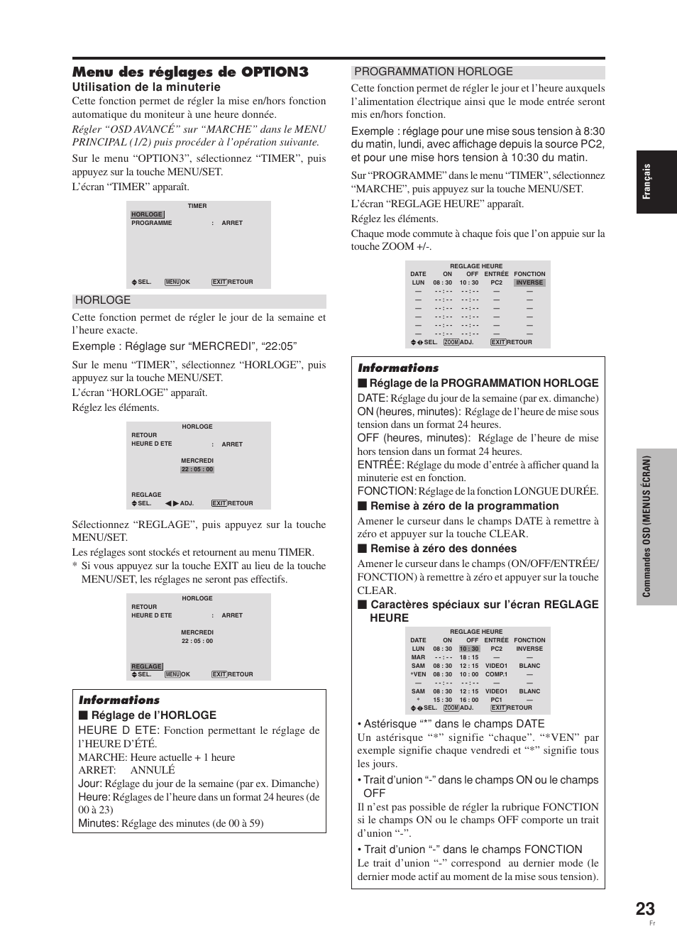 Menu des réglages de option3, Utilisation de la minuterie, Fran ç ais commandes osd (menus é cran) | Pioneer PDP-42MVE1 User Manual | Page 64 / 259