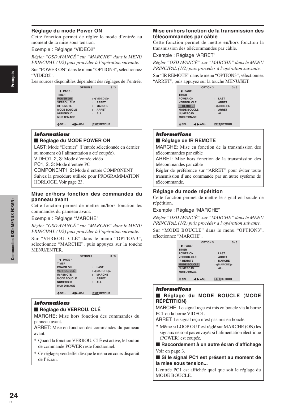 Réglage du mode power on, Réglage du mode répétition, Fran ç ais commandes osd (menus é cran) | Pioneer PDP-42MVE1 User Manual | Page 65 / 259