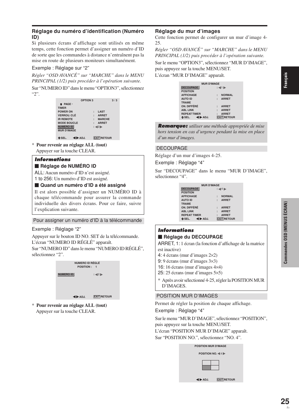 Réglage du numéro d’identification (numéro id), Réglage du mur d’images | Pioneer PDP-42MVE1 User Manual | Page 66 / 259