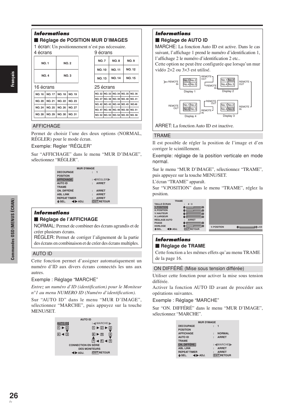 Arret: la fonction auto id est inactive, Fran ç ais commandes osd (menus é cran) | Pioneer PDP-42MVE1 User Manual | Page 67 / 259