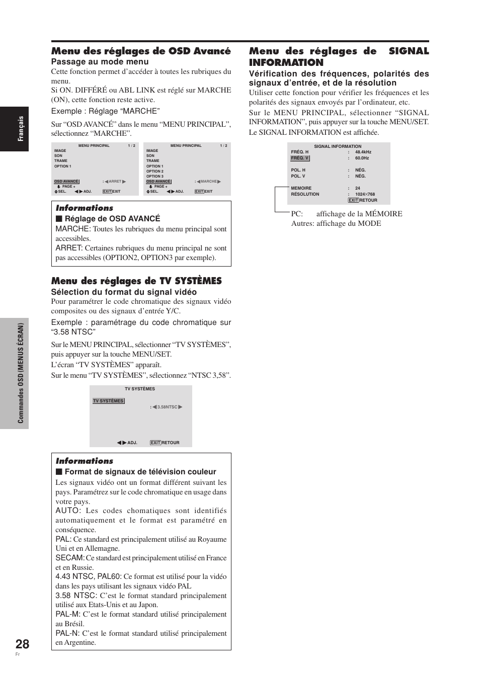 Menu des réglages de osd avancé, Menu des réglages de tv systèmes, Menu des réglages de signal information | Passage au mode menu, Sélection du format du signal vidéo, Fran ç ais commandes osd (menus é cran) | Pioneer PDP-42MVE1 User Manual | Page 69 / 259