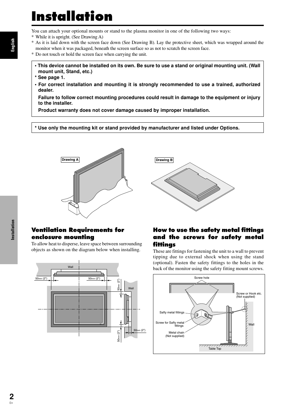 Installation, Ventilation requirements for enclosure mounting | Pioneer PDP-42MVE1 User Manual | Page 7 / 259