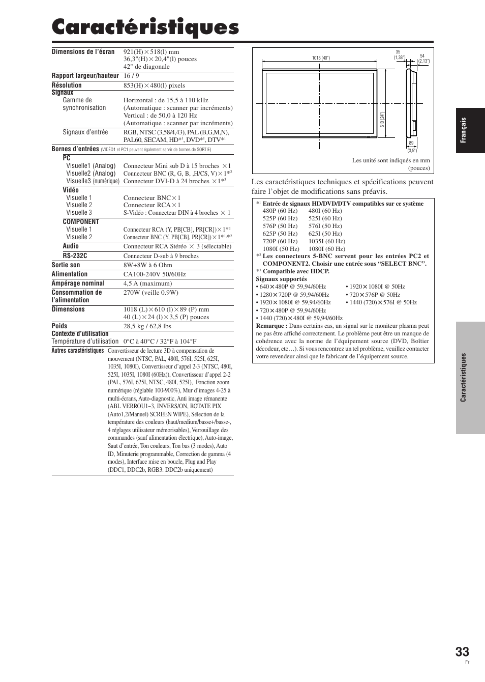 Caractéristiques | Pioneer PDP-42MVE1 User Manual | Page 74 / 259