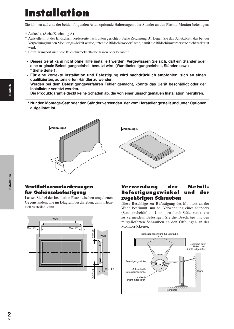 Installation, Ventilationsanforderungen für gehäusebefestigung | Pioneer PDP-42MVE1 User Manual | Page 80 / 259