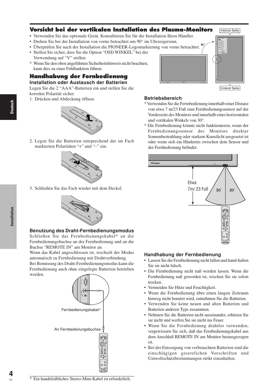 Handhabung der fernbedienung, Installation oder austausch der batterien, Betriebsbereich | Benutzung des draht-fernbedienungsmodus | Pioneer PDP-42MVE1 User Manual | Page 82 / 259