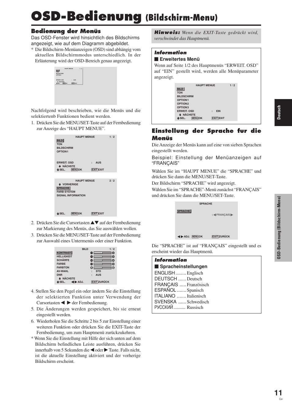 Osd-bedienung, Bildschirm-menu), Bedienung der menüs | Einstellung der sprache fur die menüs, Oder, Deutsch, Osd-bedienung (bildschirm-menu) | Pioneer PDP-42MVE1 User Manual | Page 89 / 259