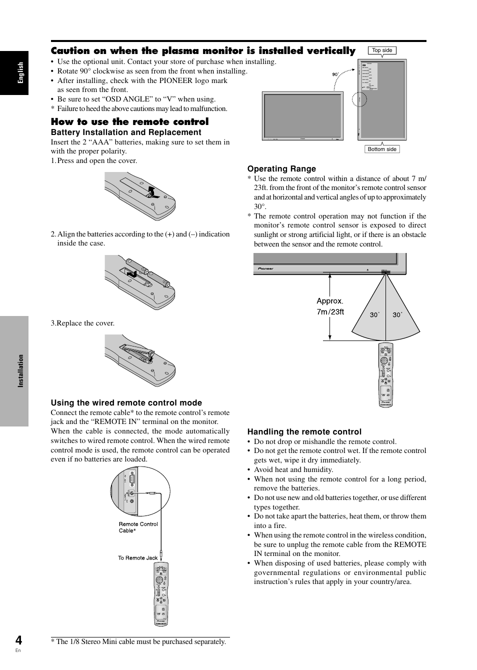 How to use the remote control, Battery installation and replacement, Operating range | Handling the remote control, Using the wired remote control mode | Pioneer PDP-42MVE1 User Manual | Page 9 / 259