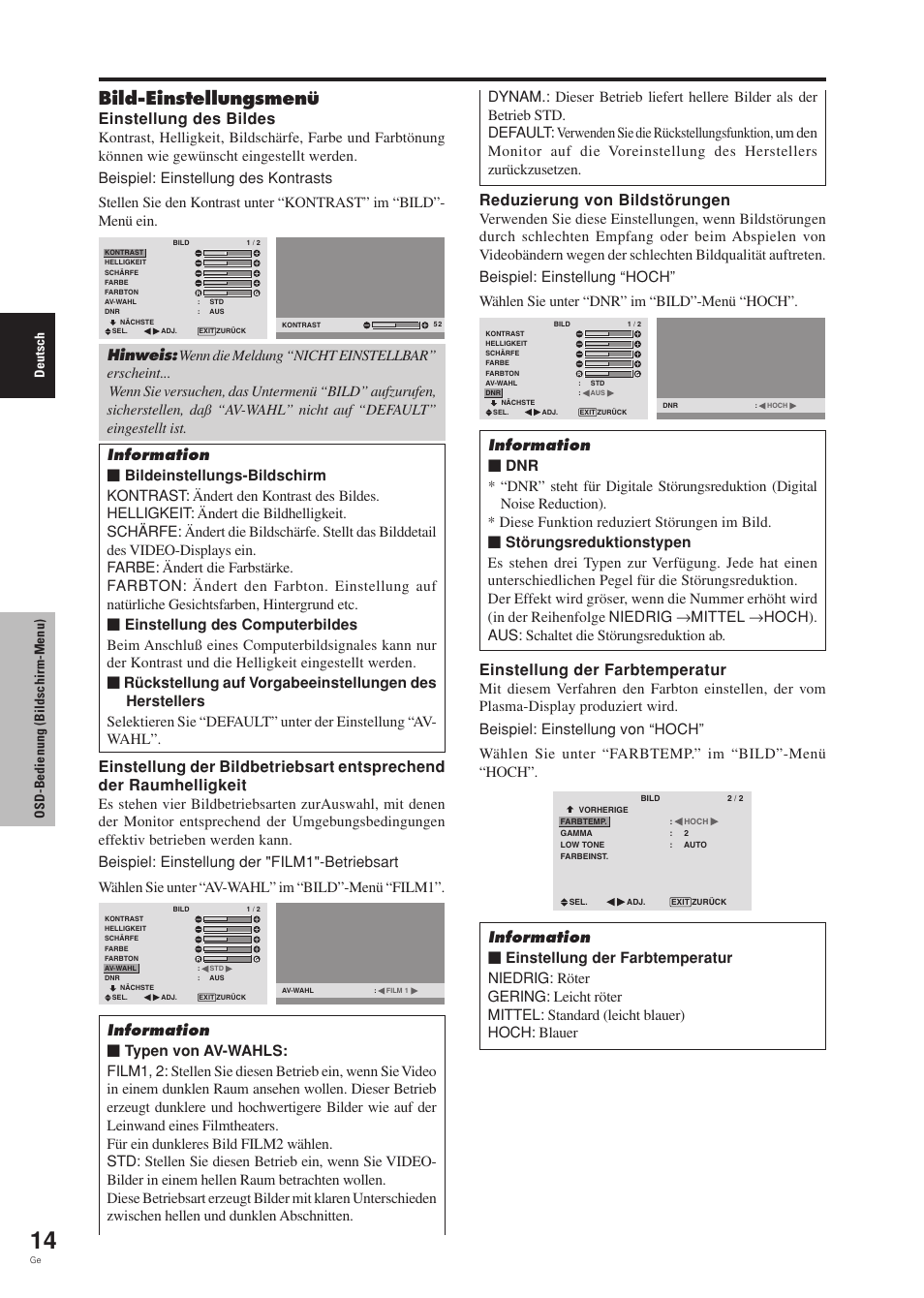 Bild-einstellungsmenü, Einstellung des bildes, Reduzierung von bildstörungen | Einstellung der farbtemperatur, Deutsch osd-bedienung (bildschirm-menu) | Pioneer PDP-42MVE1 User Manual | Page 92 / 259