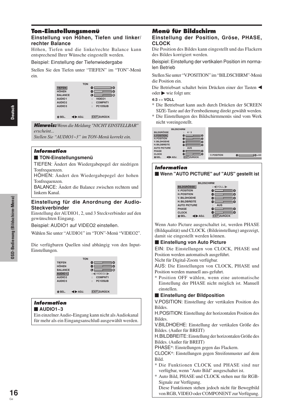 Ton-einstellungsmenü, Menü für bildschirm, Einstellung der position, gröse, phase, clock | Oder, Wie folgt um | Pioneer PDP-42MVE1 User Manual | Page 94 / 259