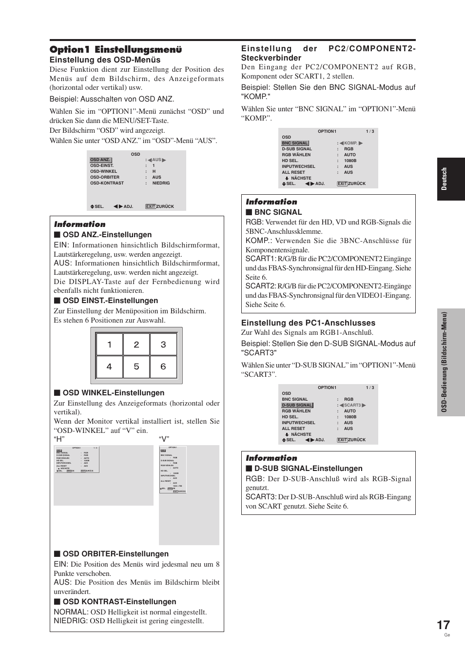 Option1 einstellungsmenü, Einstellung des osd-menüs, Einstellung des pc1-anschlusses | Deutsch, Osd-bedienung (bildschirm-menu) | Pioneer PDP-42MVE1 User Manual | Page 95 / 259