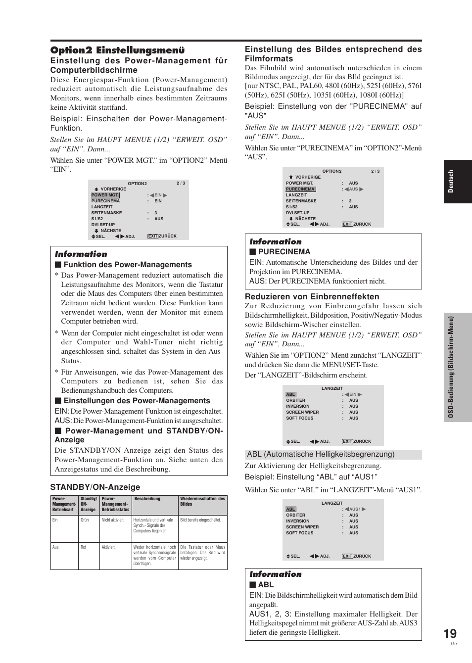 Option2 einstellungsmenü, Reduzieren von einbrenneffekten, Deutsch | Osd-bedienung (bildschirm-menu) | Pioneer PDP-42MVE1 User Manual | Page 97 / 259