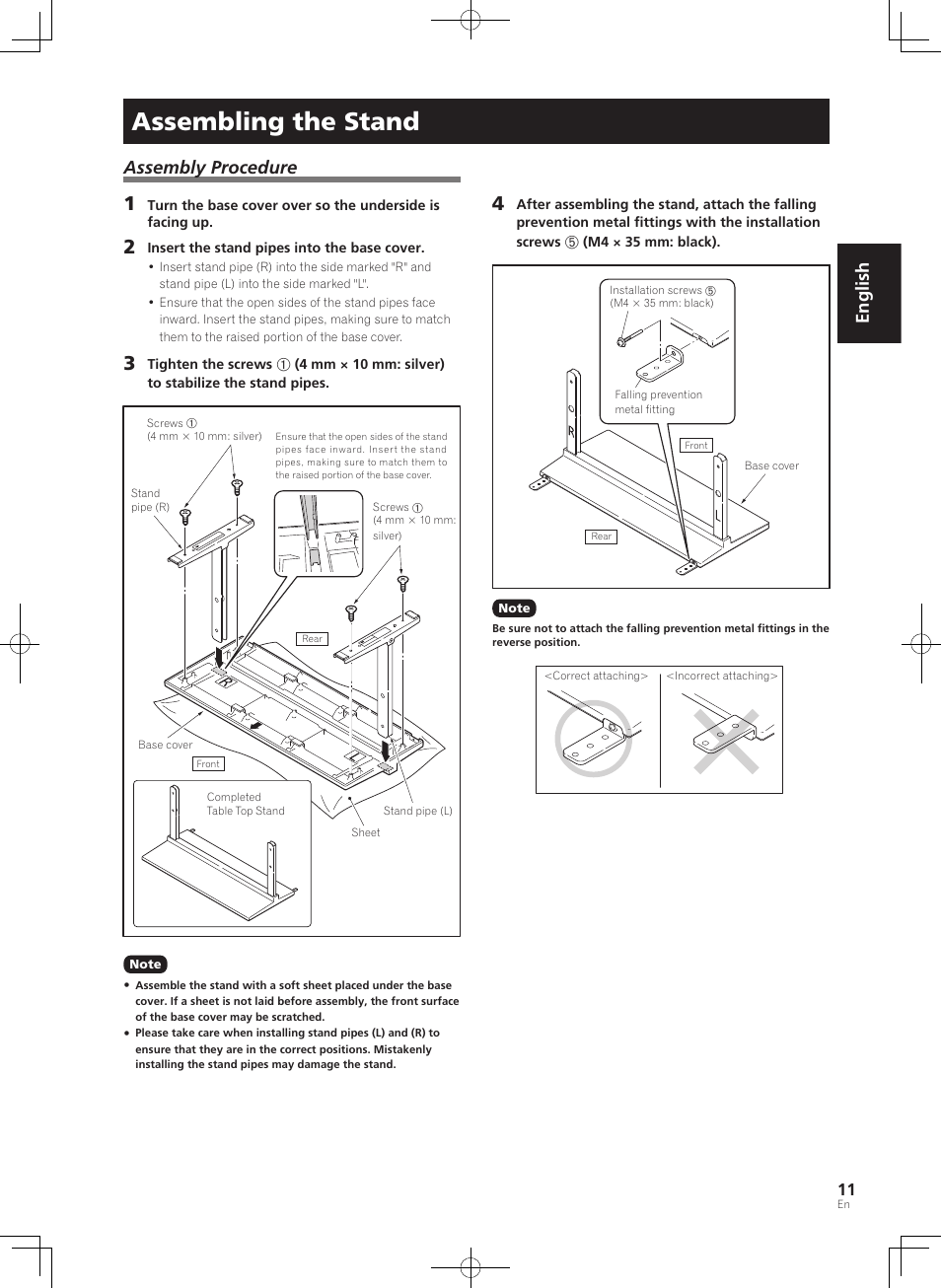 Assembling the stand, English, Assembly procedure | Pioneer KURO PDK-TS33 User Manual | Page 11 / 73