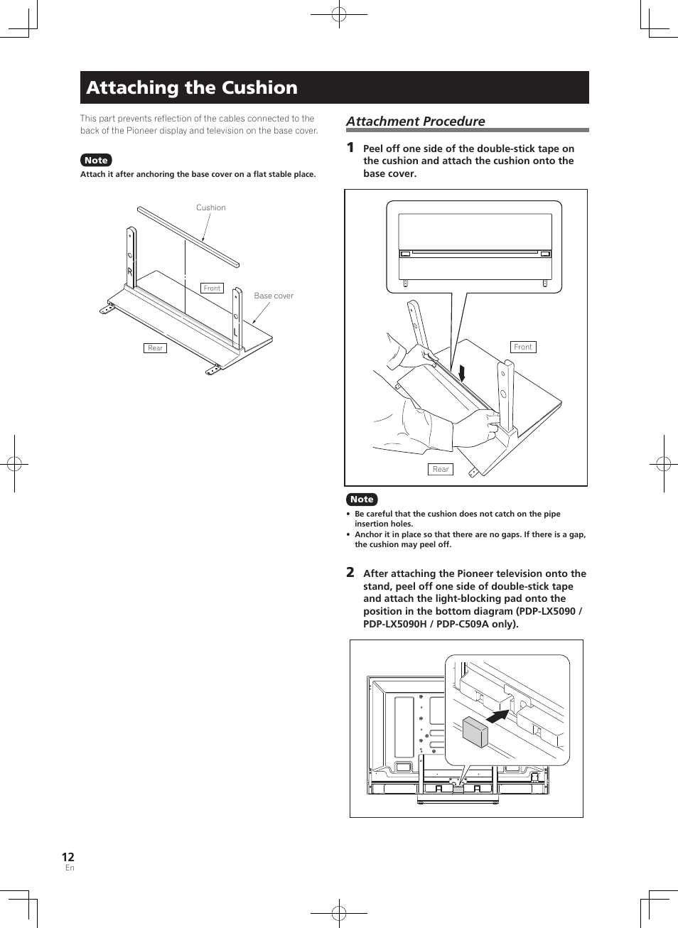 Attaching the cushion, Attachment procedure | Pioneer KURO PDK-TS33 User Manual | Page 12 / 73