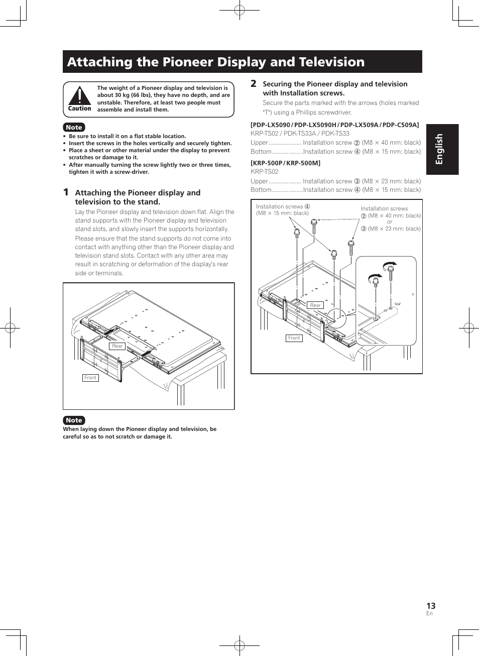 Attaching the pioneer display and television, English | Pioneer KURO PDK-TS33 User Manual | Page 13 / 73