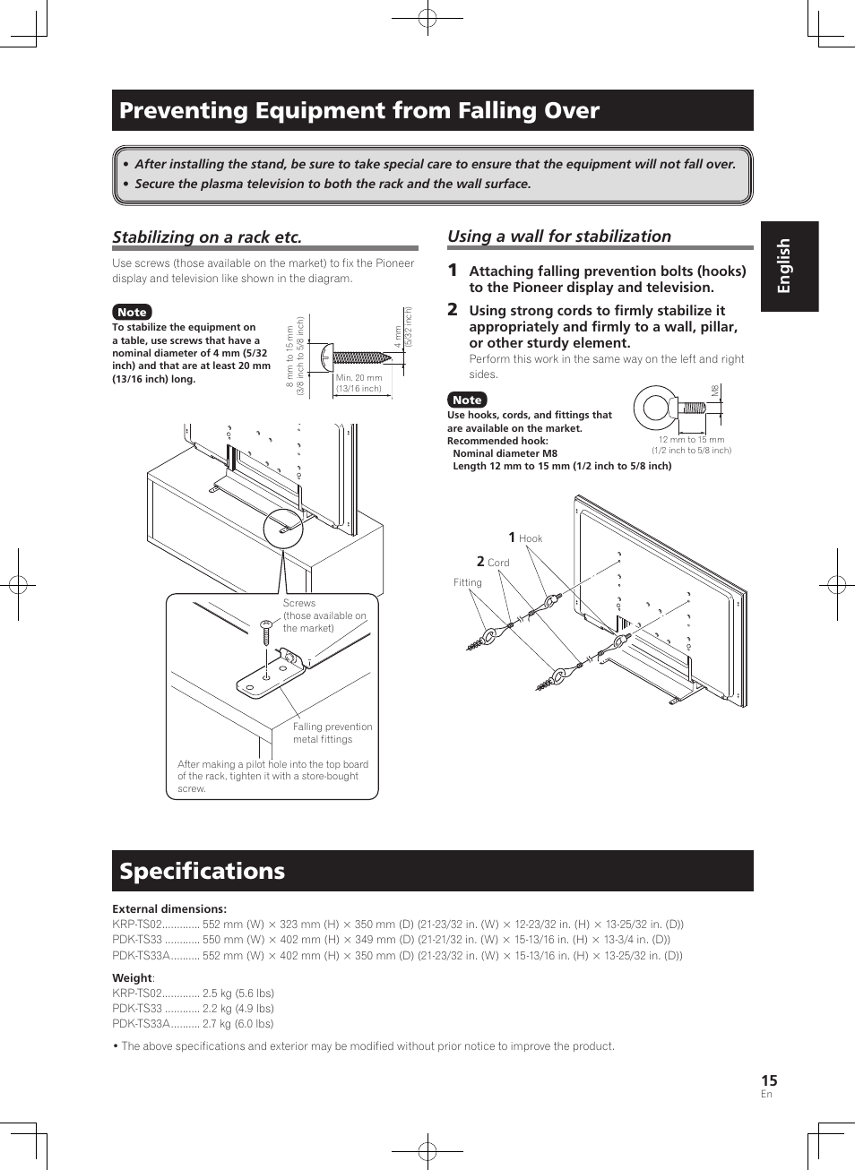 Preventing equipment from falling over, Speciﬁcations, English | Stabilizing on a rack etc, Using a wall for stabilization | Pioneer KURO PDK-TS33 User Manual | Page 15 / 73