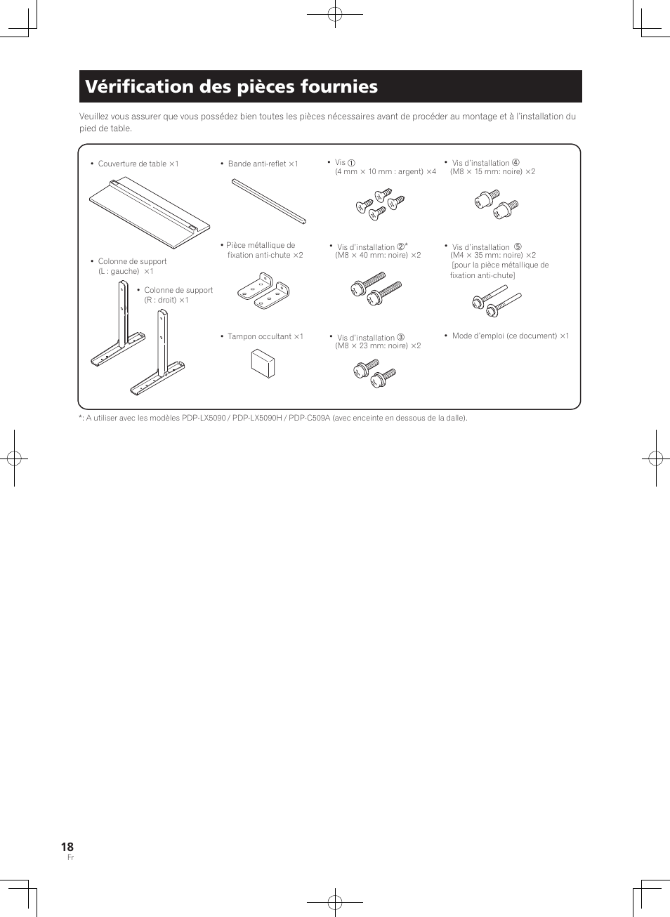 Vériﬁcation des pièces fournies | Pioneer KURO PDK-TS33 User Manual | Page 18 / 73