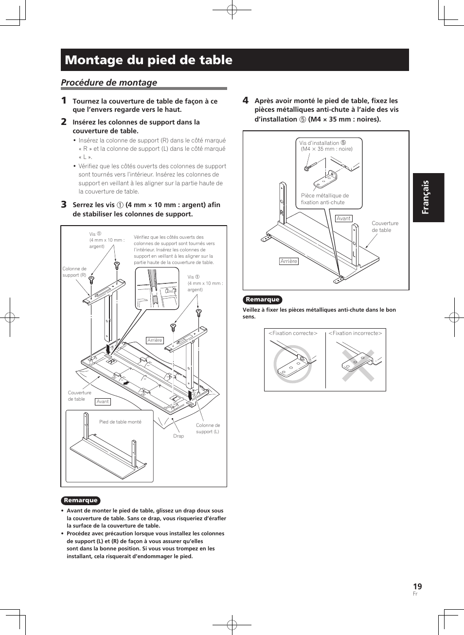 Montage du pied de table, Français, Procédure de montage | Pioneer KURO PDK-TS33 User Manual | Page 19 / 73