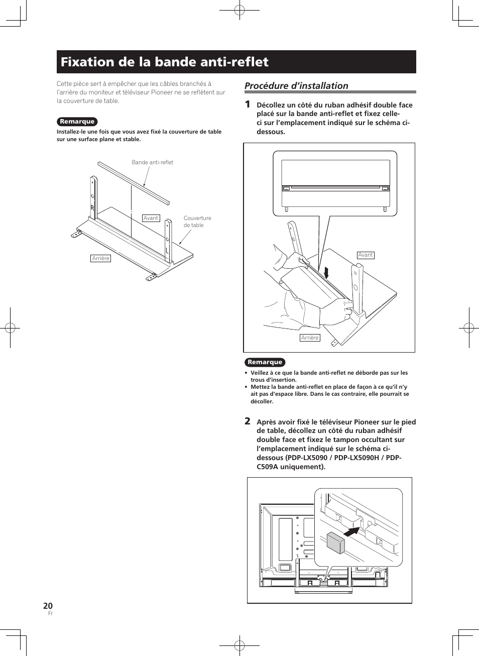 Fixation de la bande anti-reﬂet, Procédure d’installation | Pioneer KURO PDK-TS33 User Manual | Page 20 / 73