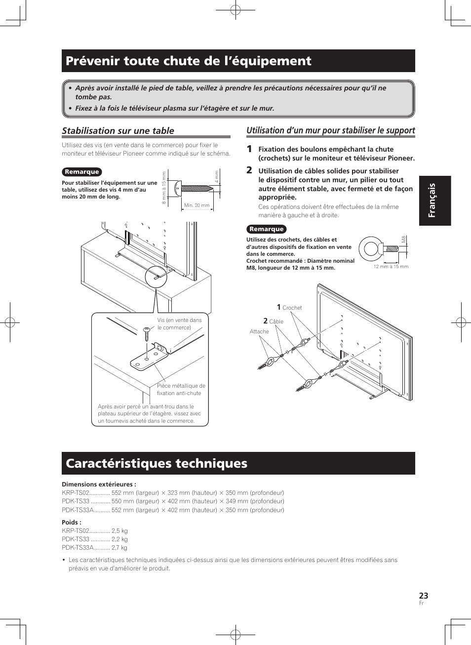 Prévenir toute chute de l’équipement, Caractéristiques techniques, Français | Stabilisation sur une table, Utilisation d’un mur pour stabiliser le support | Pioneer KURO PDK-TS33 User Manual | Page 23 / 73