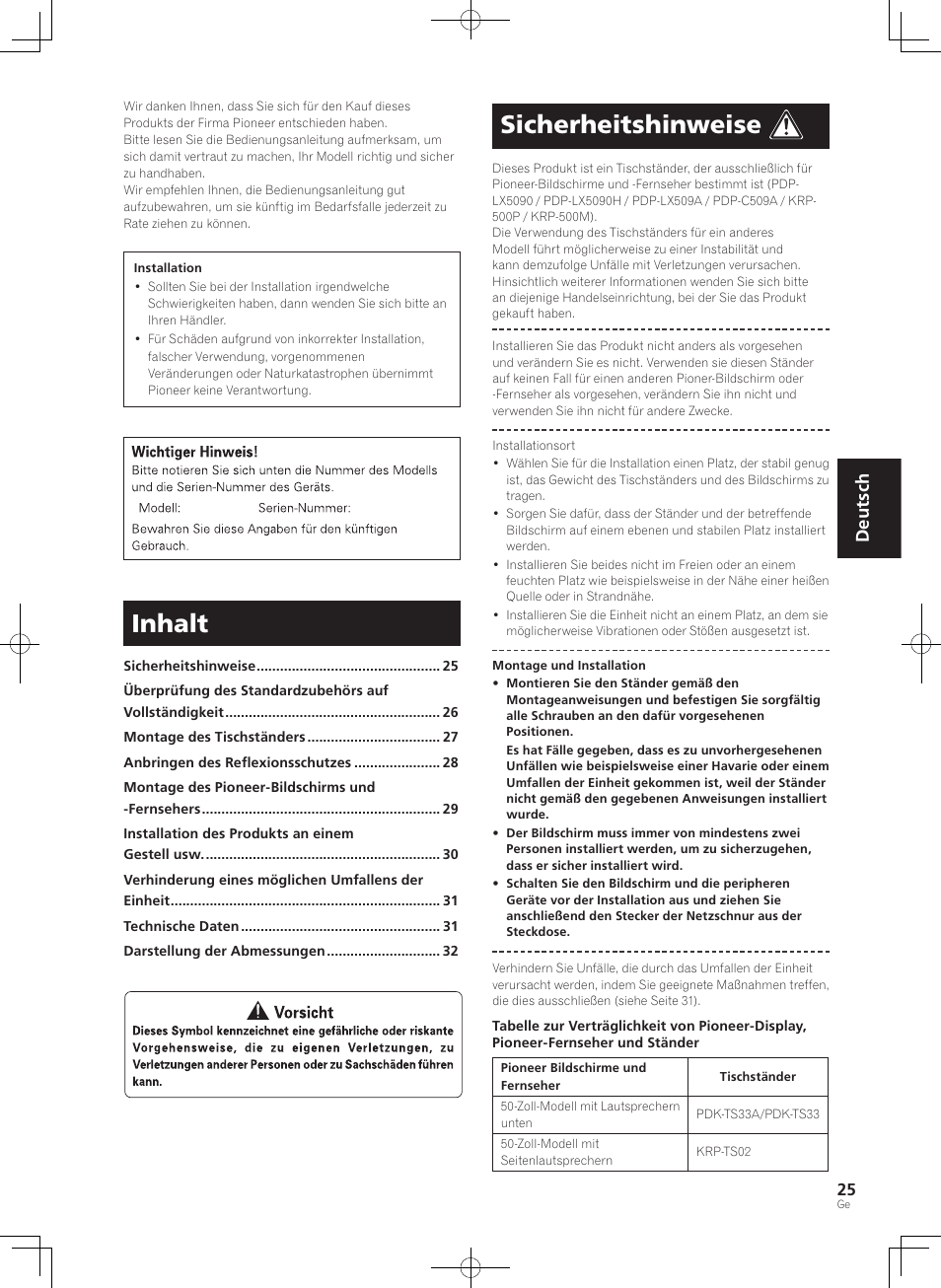 Inhalt, Sicherheitshinweise, Deutsch | Pioneer KURO PDK-TS33 User Manual | Page 25 / 73
