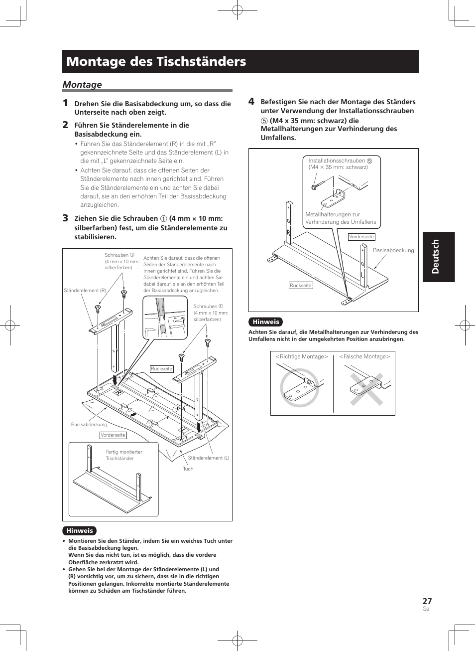 Montage des tischständers, Deutsch, Montage | Pioneer KURO PDK-TS33 User Manual | Page 27 / 73