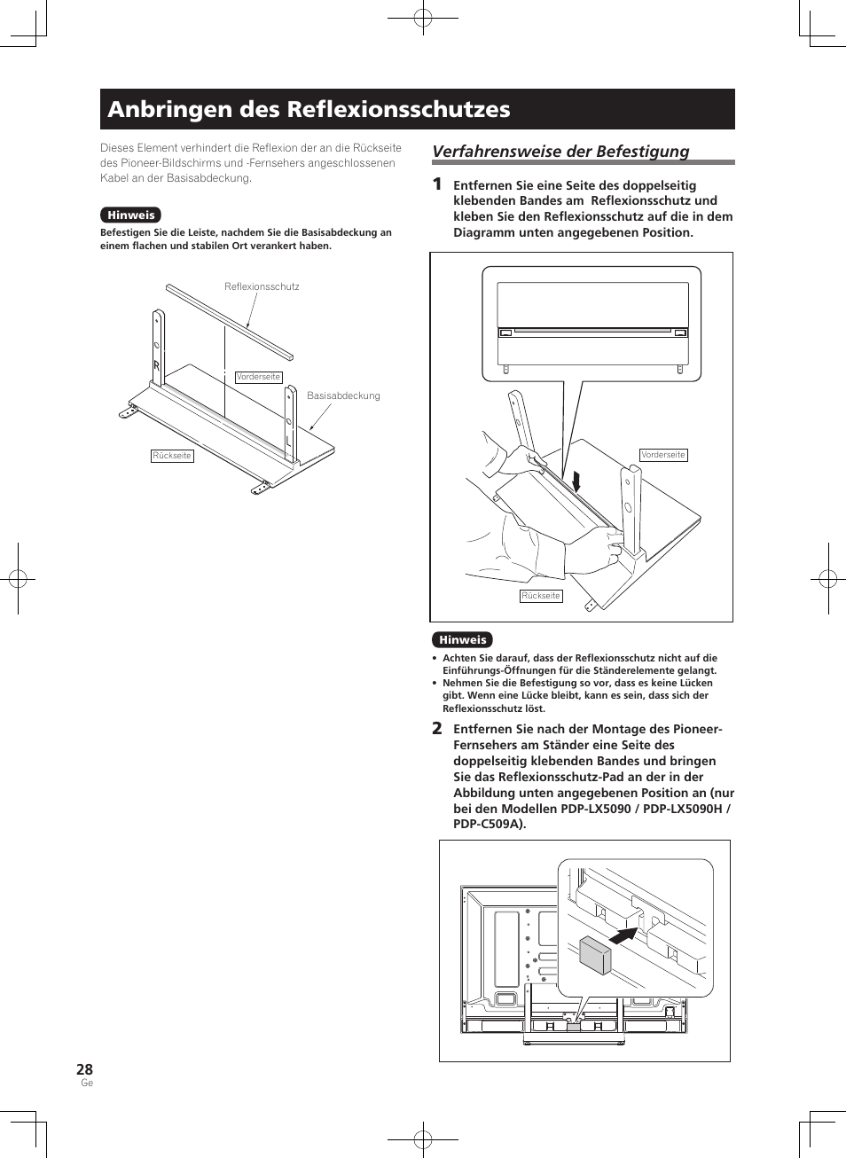 Anbringen des reﬂexionsschutzes, Verfahrensweise der befestigung | Pioneer KURO PDK-TS33 User Manual | Page 28 / 73